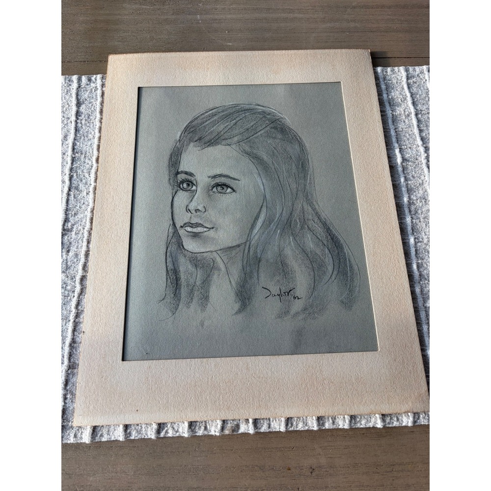 Vintage 1962 Signed Taylor Charcoal Portrait Drawing Mid Century Girl Fine Art